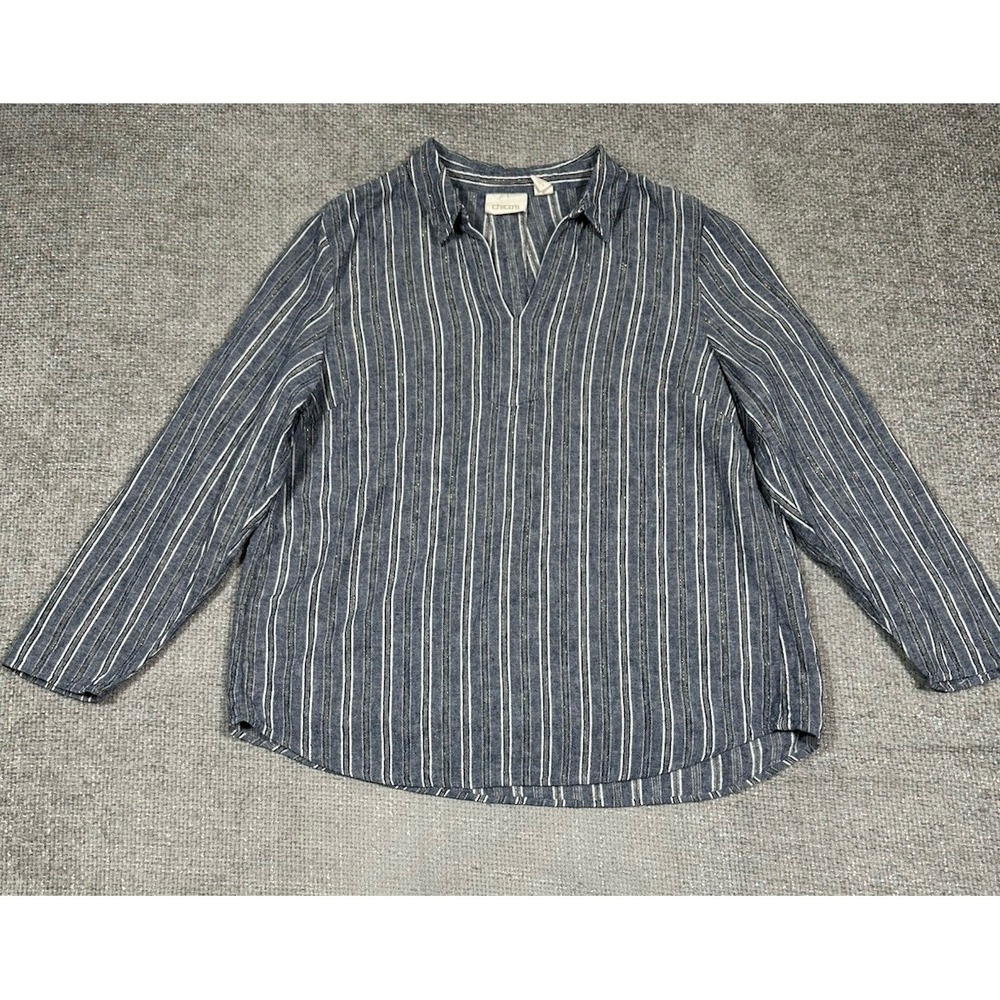 Chicos Top Womens 3 Linen Blend Blue Metallic Striped Beach Coastal‎ Long Sleeve